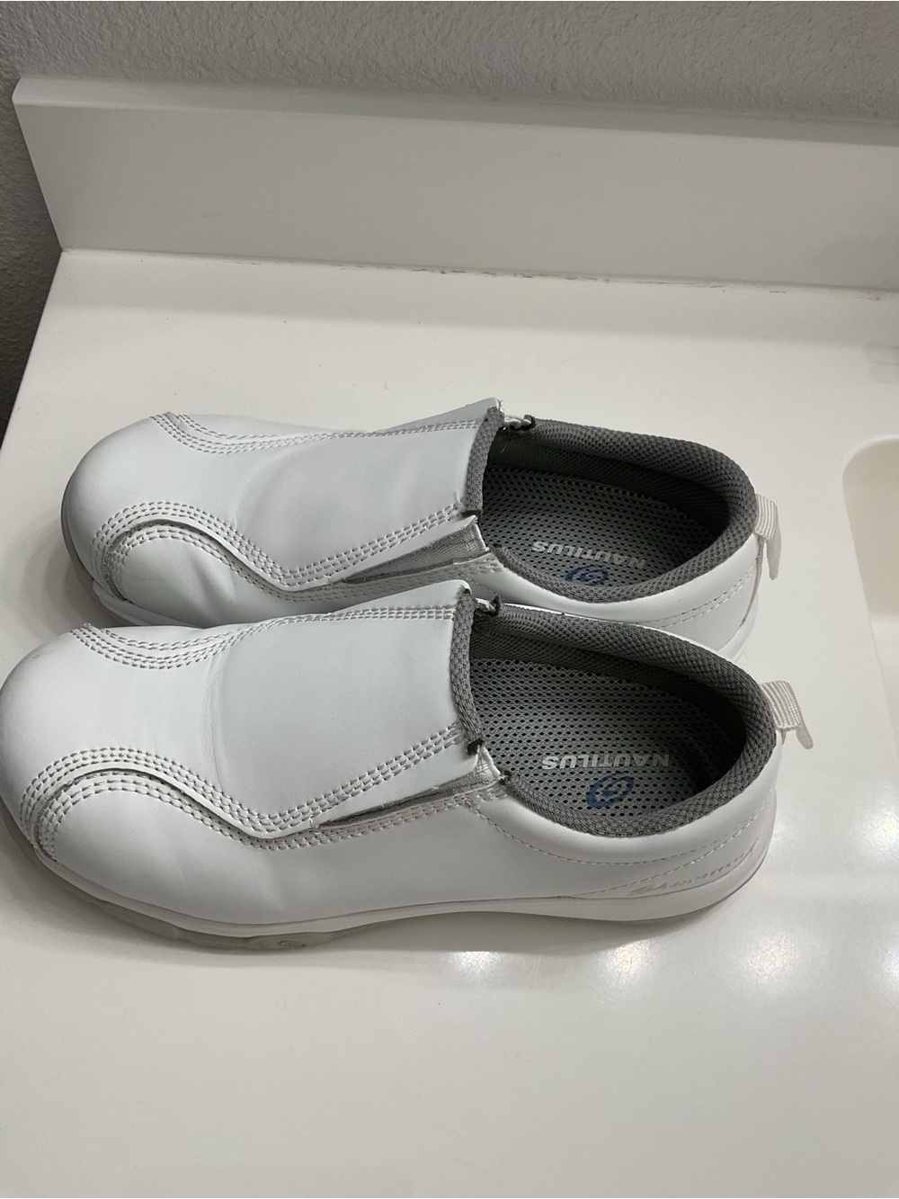 Nautilus White Slip-On Leather Work Loafers with Gray Collar